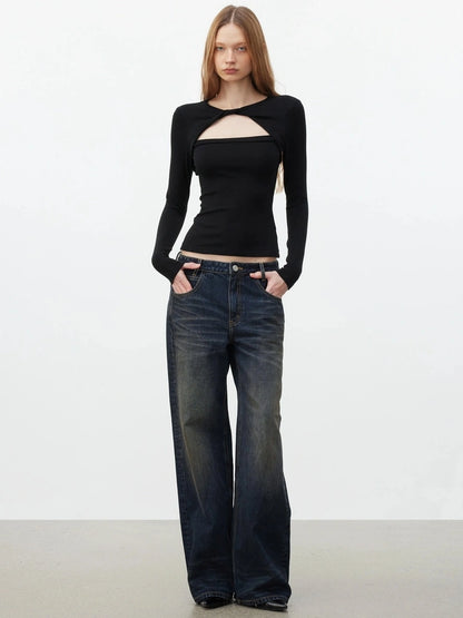 AFTADAWN Elastic Hollow Knot Twist Layered Slim Fit Long Sleeve V-neck Top T-shirt