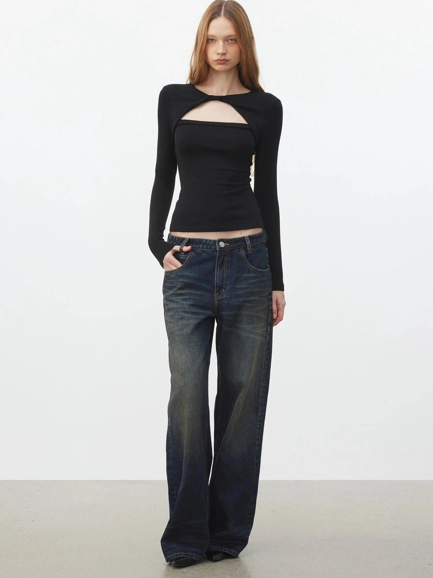 AFTADAWN Elastic Hollow Knot Twist Layered Slim Fit Long Sleeve V-neck Top T-shirt