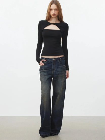 AFTADAWN Elastic Hollow Knot Twist Layered Slim Fit Long Sleeve V-neck Top T-shirt