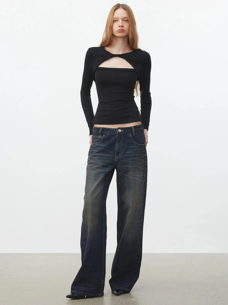 AFTADAWN Elastic Hollow Knot Twist Layered Slim Fit Long Sleeve V-neck Top T-shirt