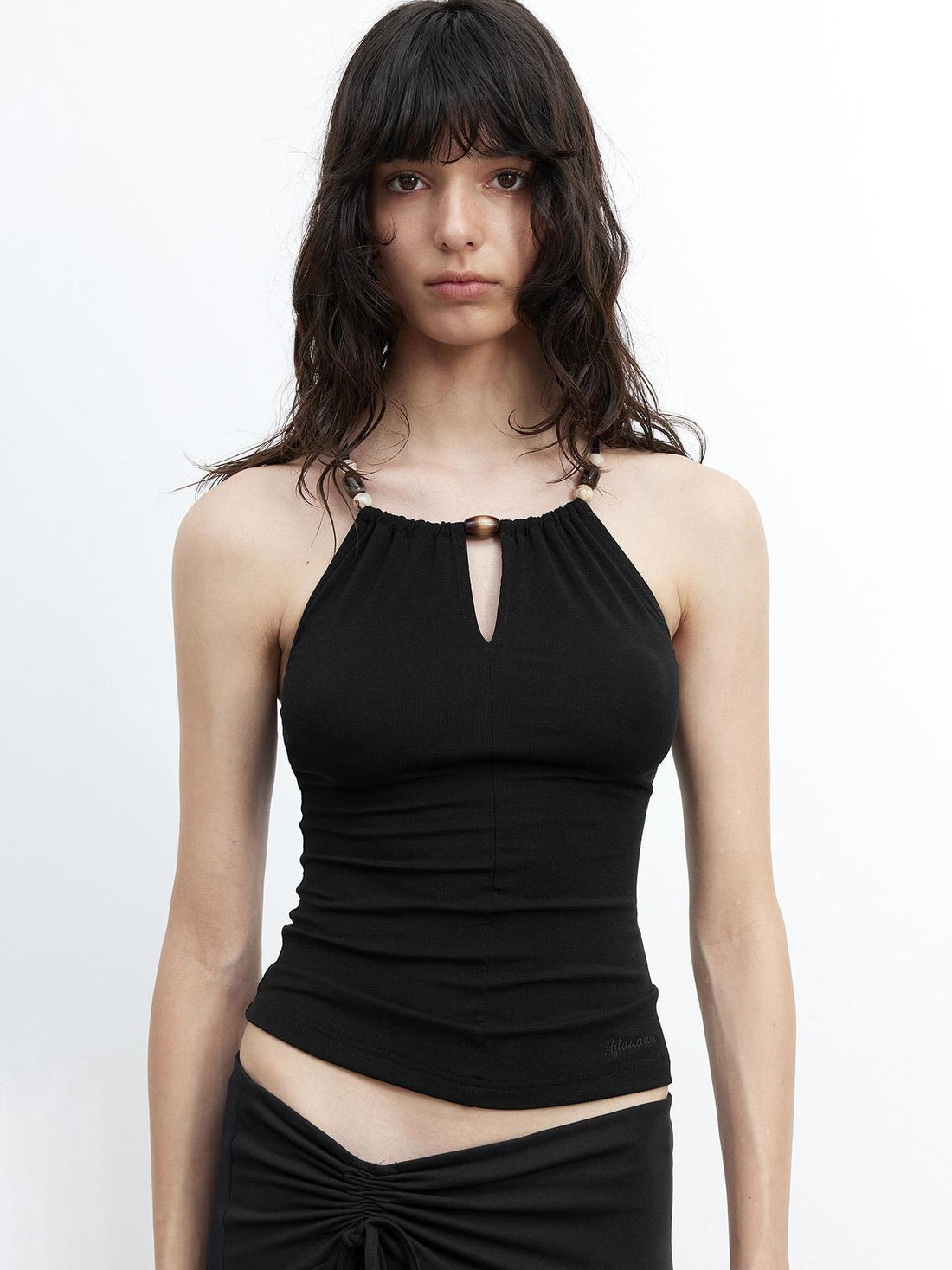 AFTADAWN Elastic Lyocell Hollow Out Beaded Halter Cross Back Cami