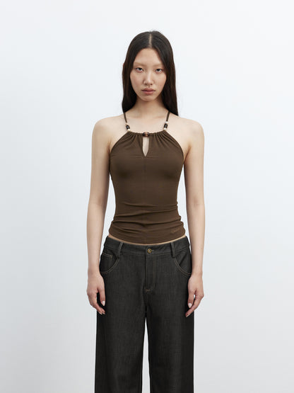 AFTADAWN Elastic Lyocell Hollow Out Beaded Halter Cross Back Cami