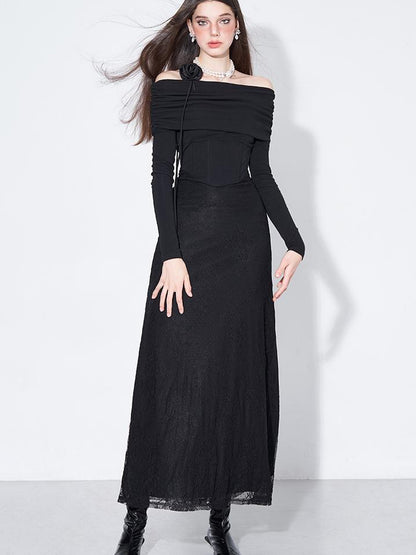 AFTADAWN Elegant Lace Trimmed Black Maxi Dress With Off Shoulder Neckline