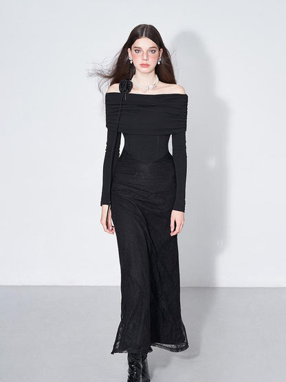AFTADAWN Elegant Lace Trimmed Black Maxi Dress With Off Shoulder Neckline