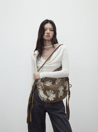 AFTADAWN Embossed Floral Beaded Mesh Tassel Women&