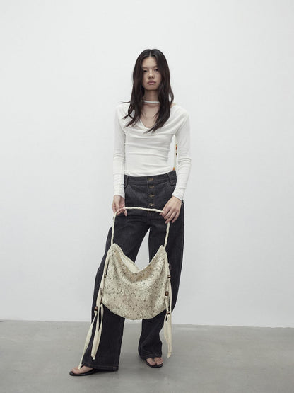 AFTADAWN Embossed Floral Beaded Mesh Tassel Women&