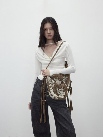 AFTADAWN Embossed Floral Beaded Mesh Tassel Women&
