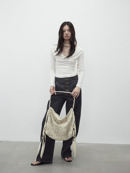 AFTADAWN Embossed Floral Beaded Mesh Tassel Women&
