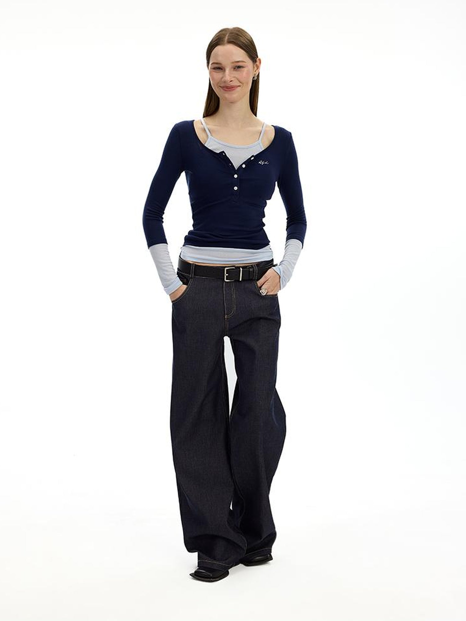 AFTADAWN Embroidered Back Pocket Flared Trousers With Stretch And Dropped Waist
