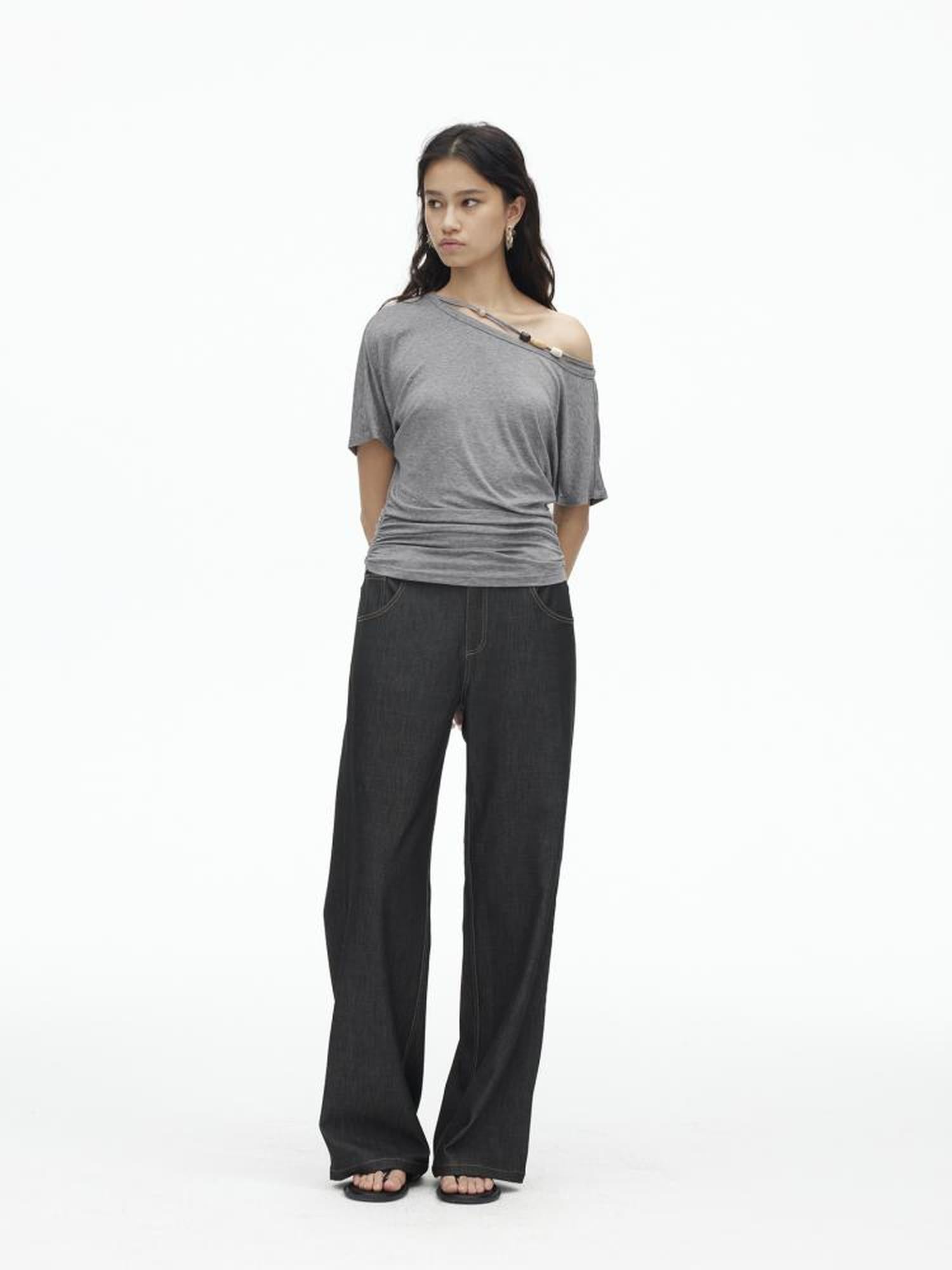 AFTADAWN Embroidered Back Pocket Flared Trousers With Stretch And Dropped Waist