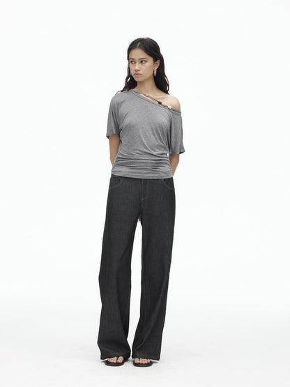 AFTADAWN Embroidered Back Pocket Flared Trousers With Stretch And Dropped Waist