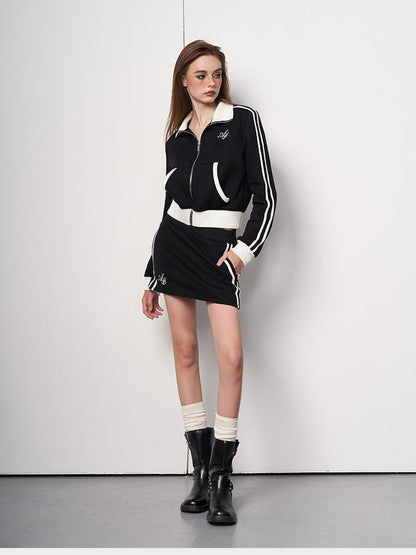 AFTADAWN Embroidered Fleece Lettering Color Block Sweatshirt Skirt Set