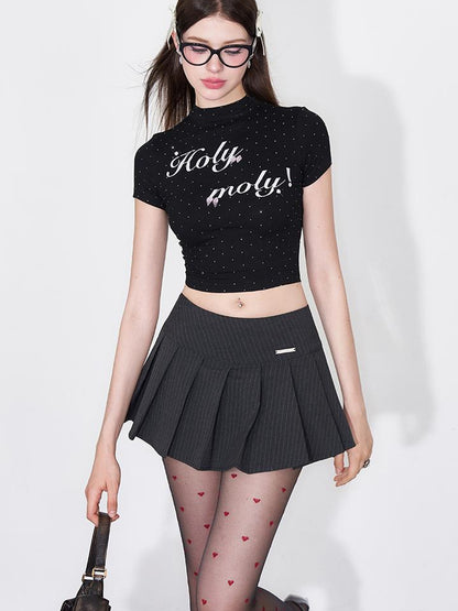 AFTADAWN Embroidered Rhinestone Lettering Cropped T-shirt