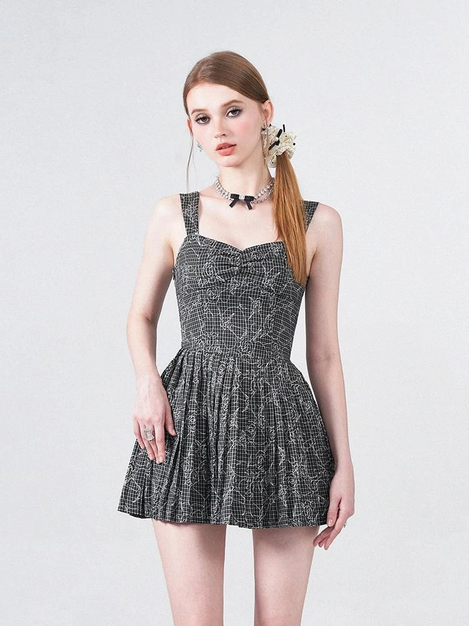 Embroidered Rose Line Black White Plaid Pleated Slip Dress