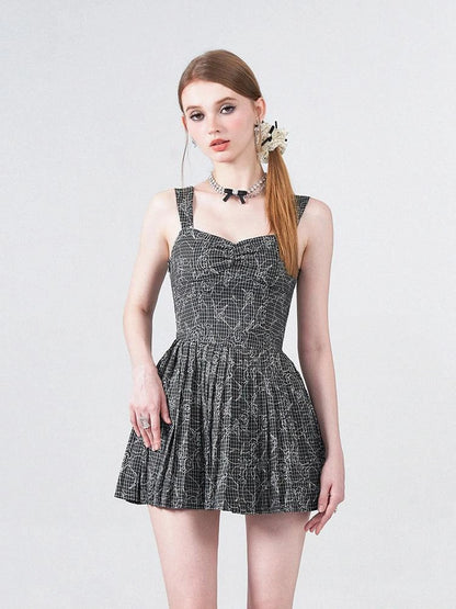 Embroidered Rose Line Black White Plaid Pleated Slip Dress