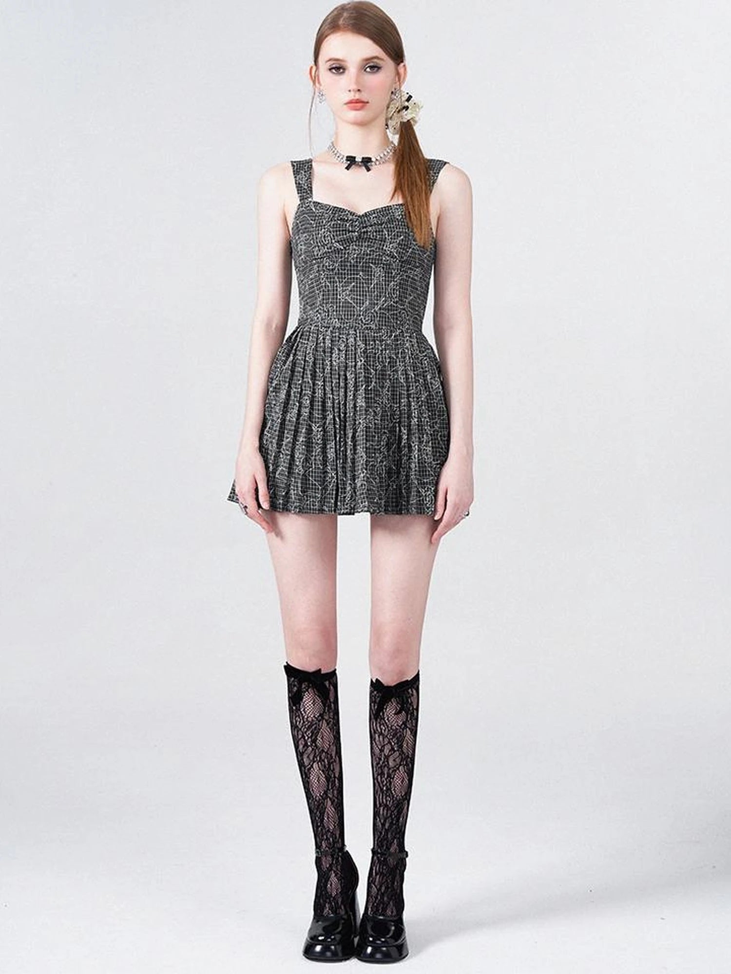 Embroidered Rose Line Black White Plaid Pleated Slip Dress