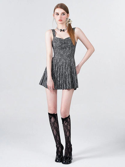 Embroidered Rose Line Black White Plaid Pleated Slip Dress