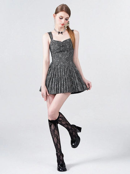Embroidered Rose Line Black White Plaid Pleated Slip Dress