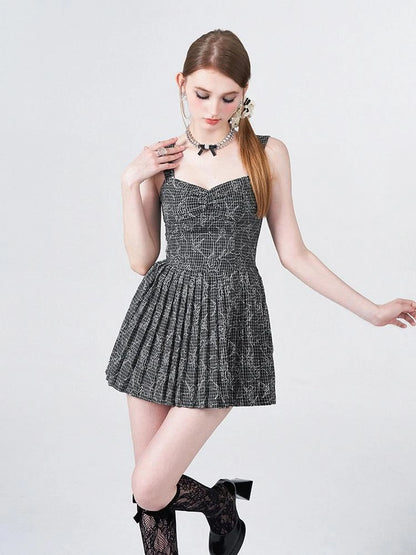 Embroidered Rose Line Black White Plaid Pleated Slip Dress