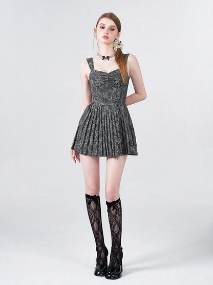 Embroidered Rose Line Black White Plaid Pleated Slip Dress