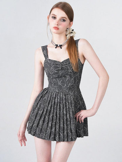 AFTADAWN Embroidered Rose Line Black White Plaid Pleated Slip Dress