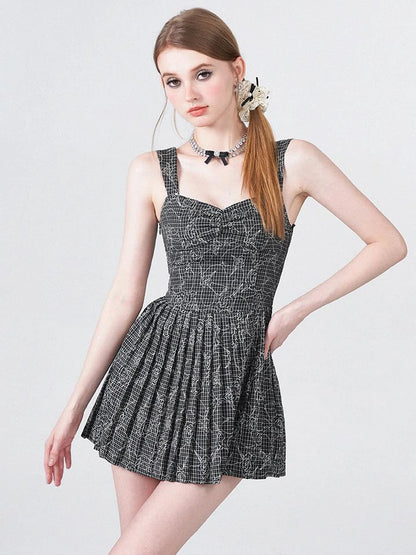 Embroidered Rose Line Black White Plaid Pleated Slip Dress