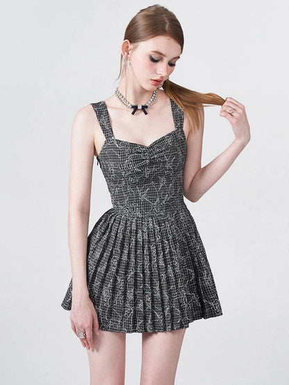 Embroidered Rose Line Black White Plaid Pleated Slip Dress
