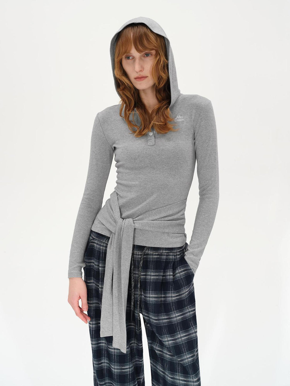 AFTADAWN Embroidered Semi Open Collar Hooded Long Sleeve Top With Side Ties