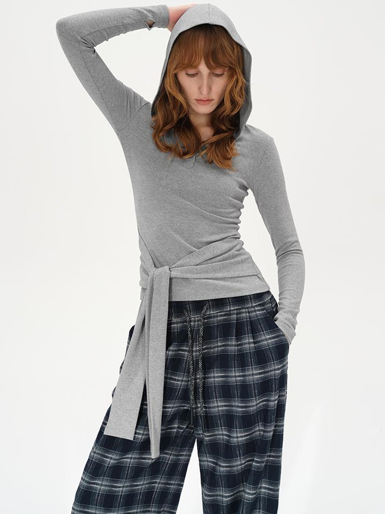 AFTADAWN Embroidered Semi Open Collar Hooded Long Sleeve Top With Side Ties