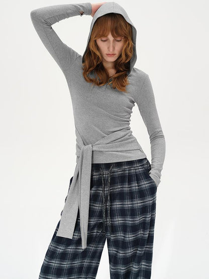 AFTADAWN Embroidered Semi Open Collar Hooded Long Sleeve Top With Side Ties