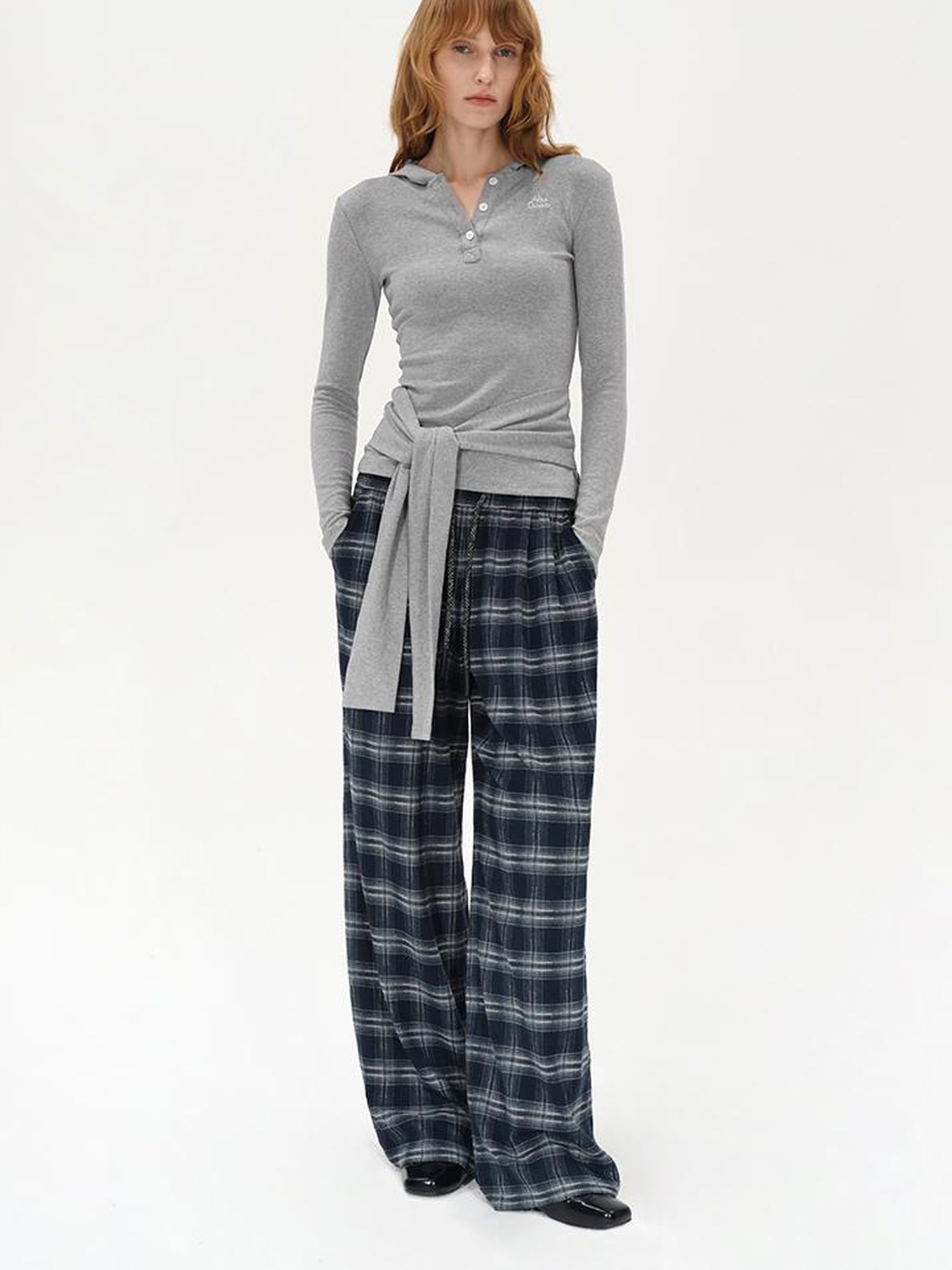 AFTADAWN Embroidered Semi Open Collar Hooded Long Sleeve Top With Side Ties