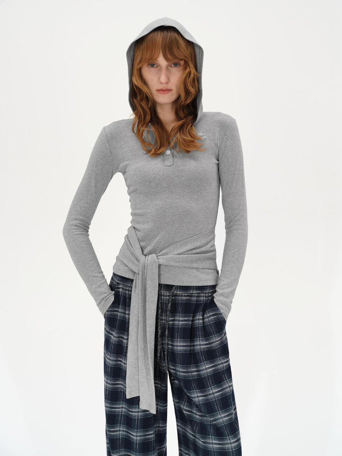 AFTADAWN Embroidered Semi Open Collar Hooded Long Sleeve Top With Side Ties