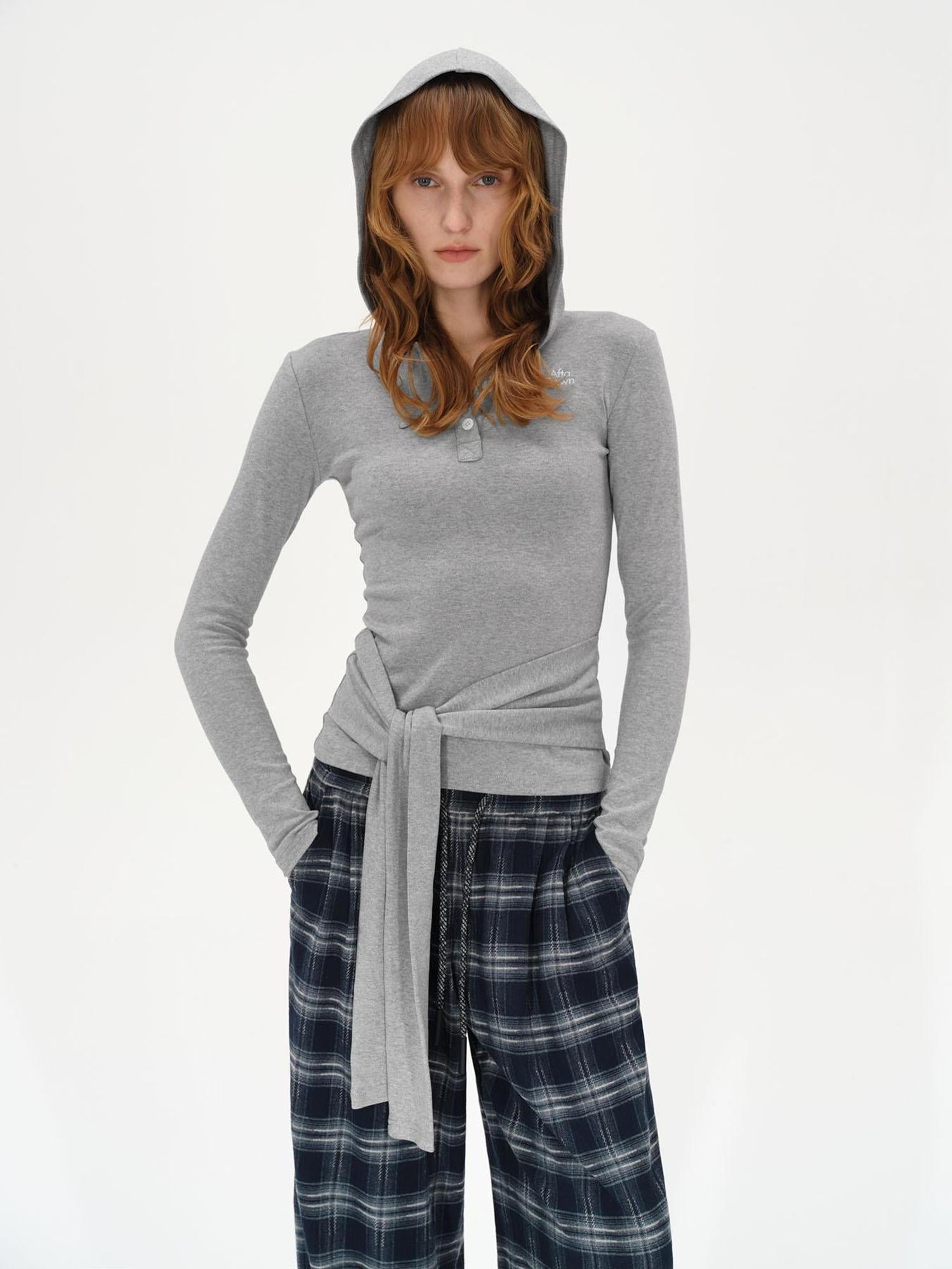 AFTADAWN Embroidered Semi Open Collar Hooded Long Sleeve Top With Side Ties