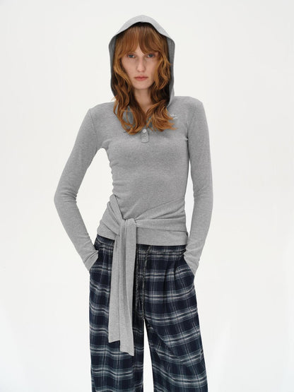 AFTADAWN Embroidered Semi Open Collar Hooded Long Sleeve Top With Side Ties
