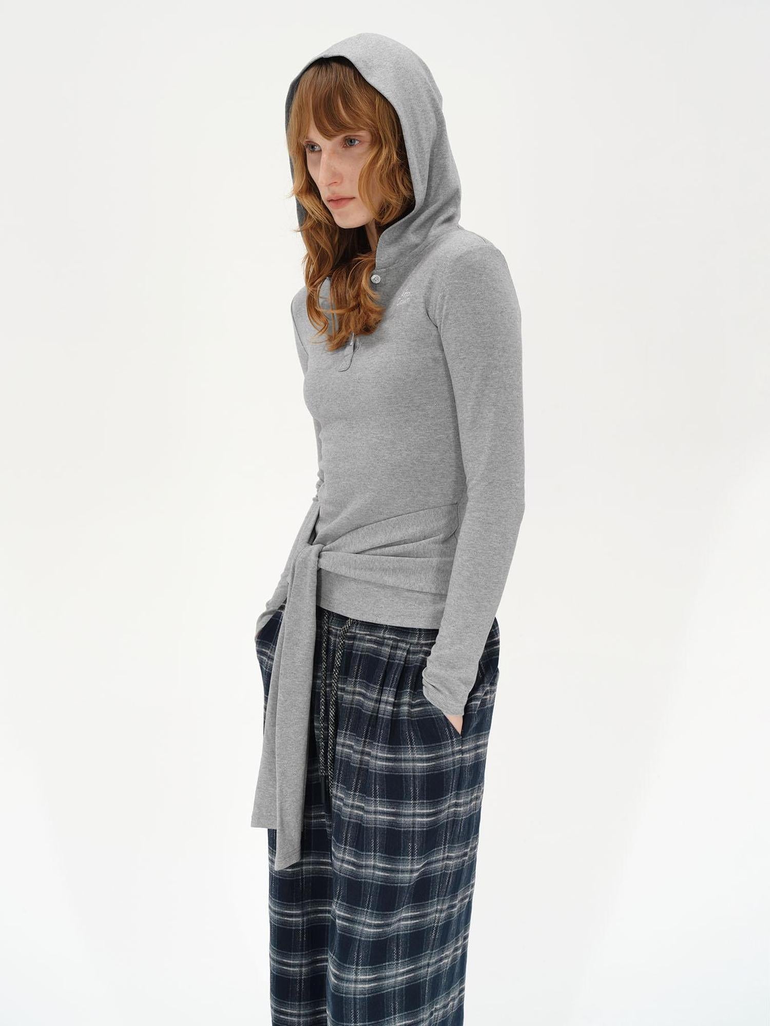 AFTADAWN Embroidered Semi Open Collar Hooded Long Sleeve Top With Side Ties