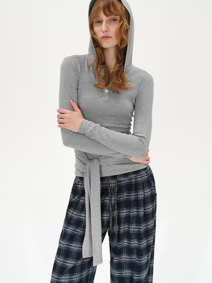 AFTADAWN Embroidered Semi Open Collar Hooded Long Sleeve Top With Side Ties