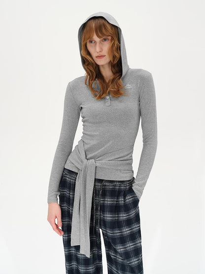 AFTADAWN Embroidered Semi Open Collar Hooded Long Sleeve Top With Side Ties