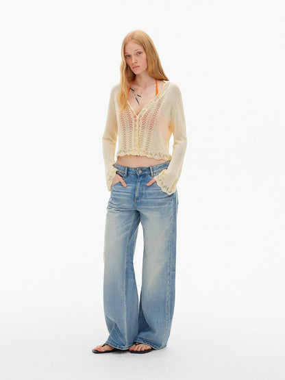 AFTADAWN Eyelet Lace Trumpet Sleeve V-neck Knit Women&