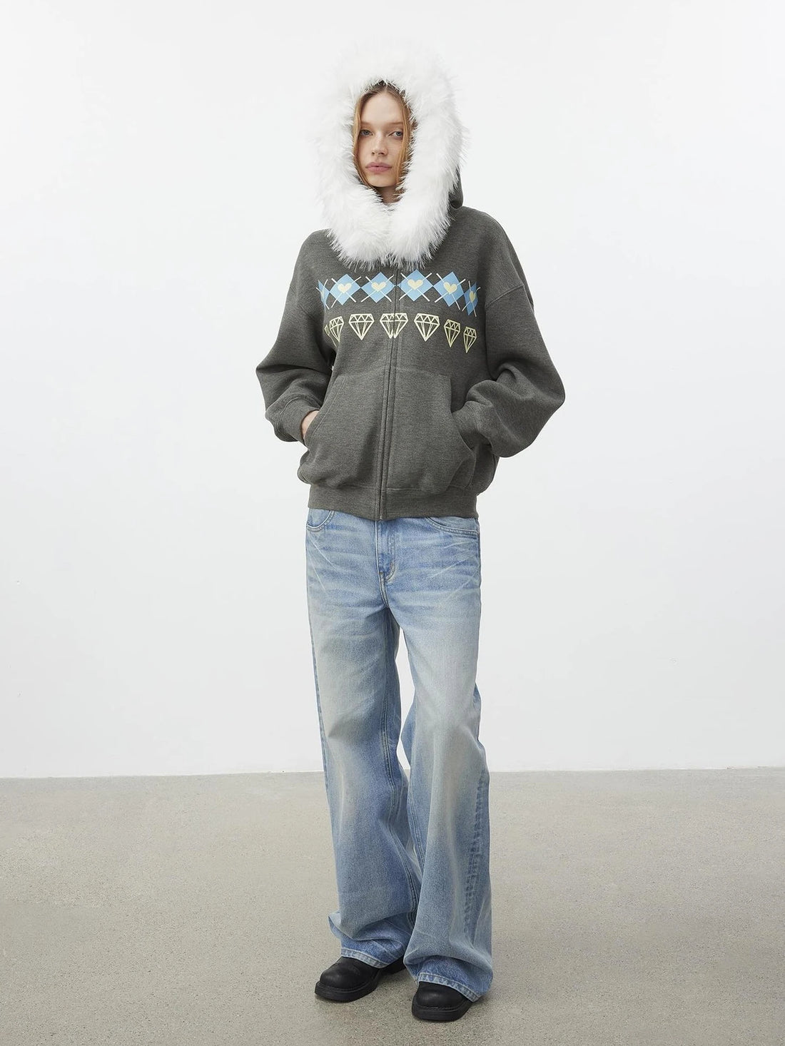 AFTADAWN Fair Isle Detachable Hooded Sweatshirt Hoodies/Sweatshirt