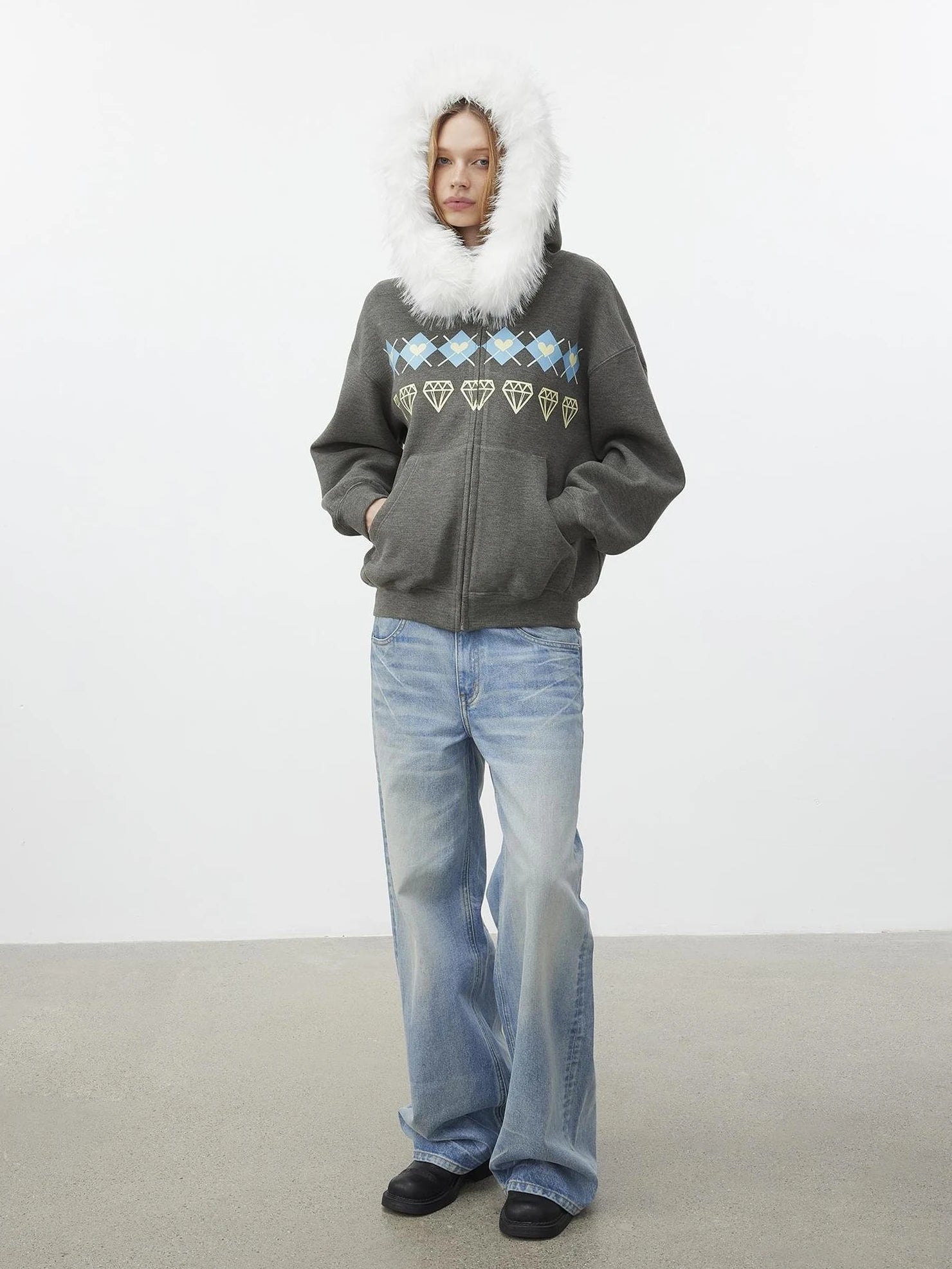 AFTADAWN Fair Isle Detachable Hooded Sweatshirt Hoodies/Sweatshirt