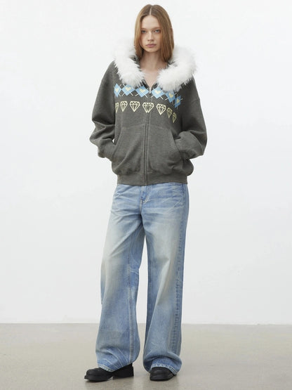 AFTADAWN Fair Isle Detachable Hooded Sweatshirt Hoodies/Sweatshirt