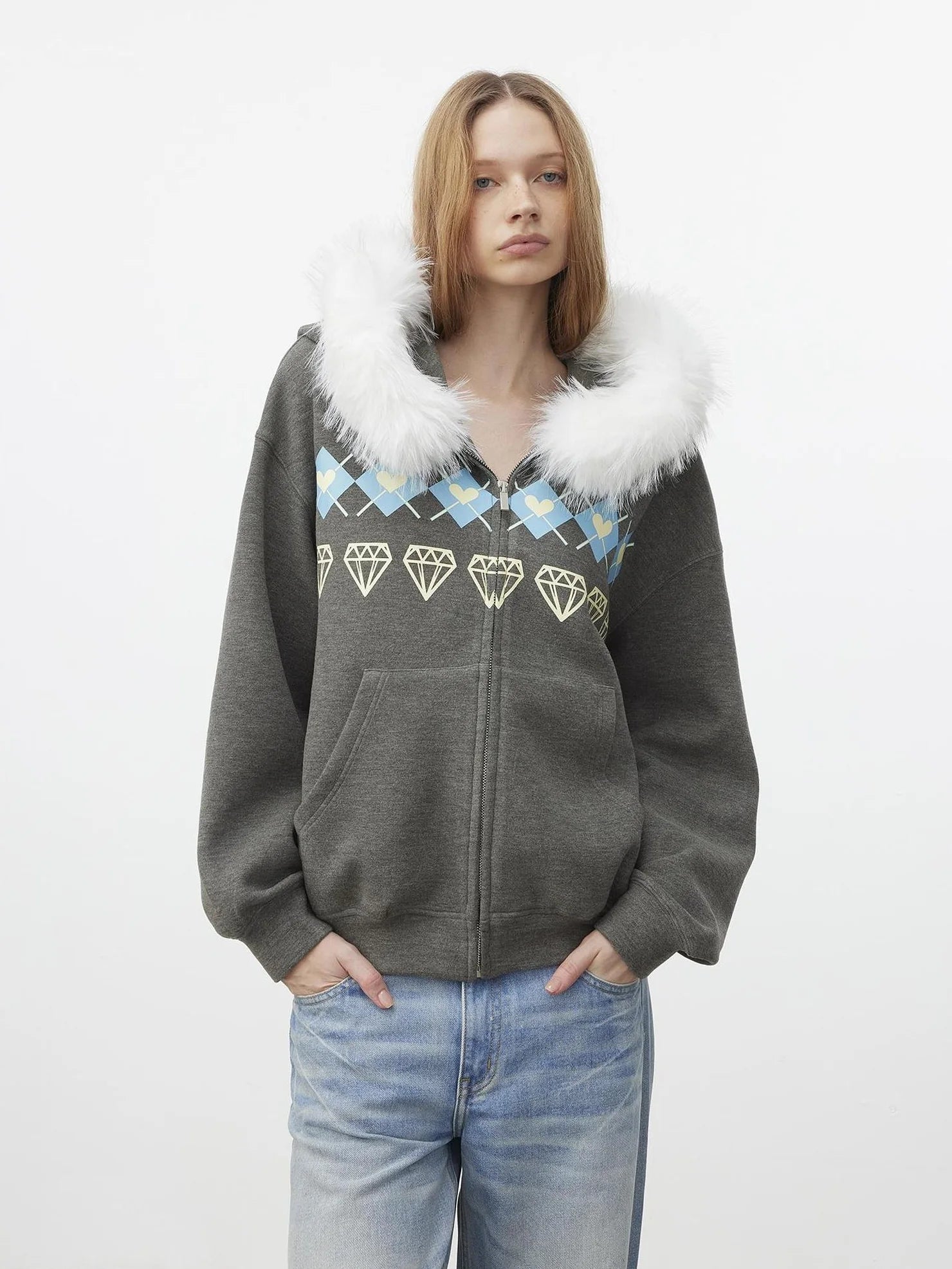 AFTADAWN Fair Isle Detachable Hooded Sweatshirt Hoodies/Sweatshirt