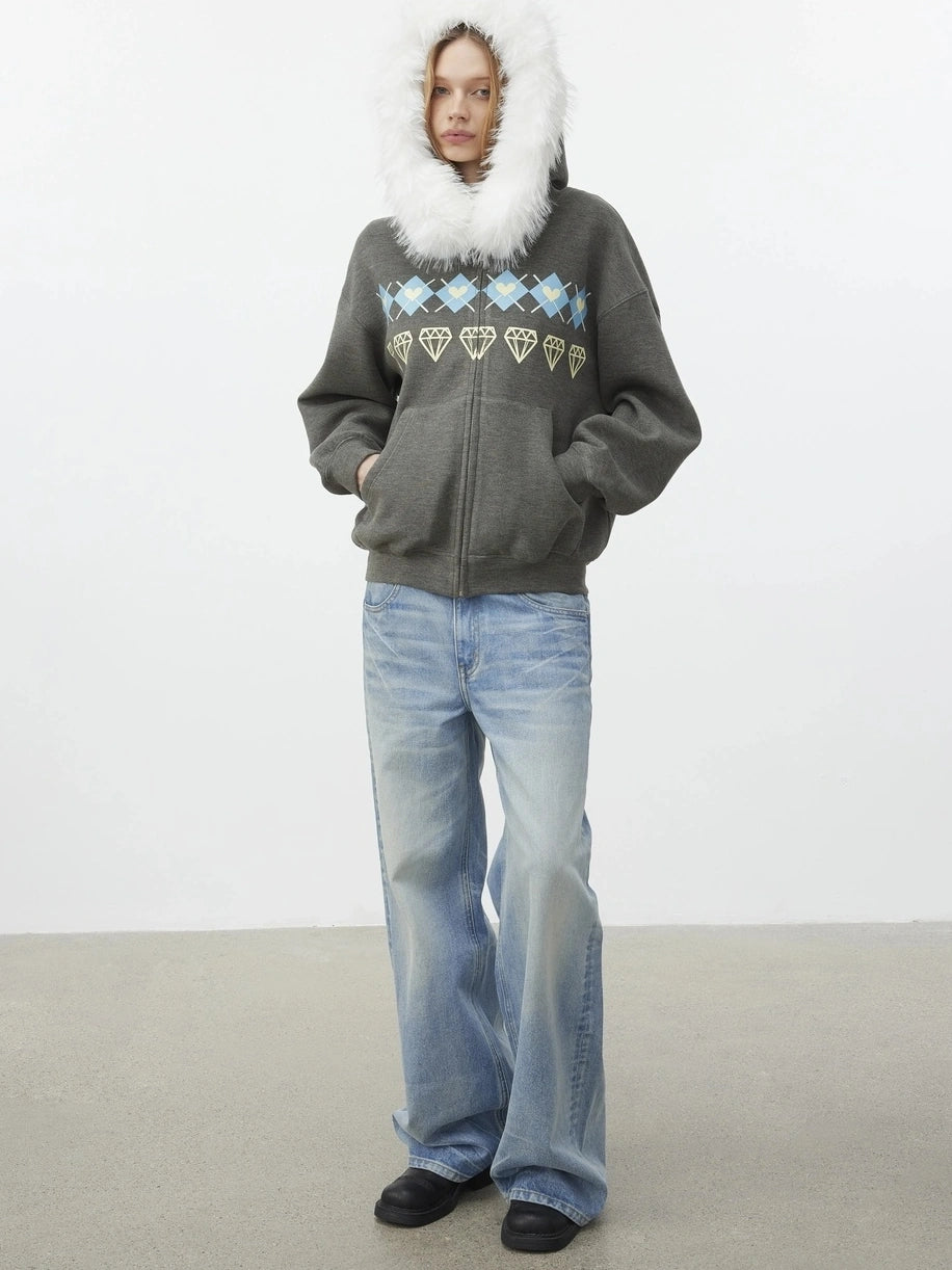 AFTADAWN Fair Isle Detachable Hooded Sweatshirt Hoodies/Sweatshirt