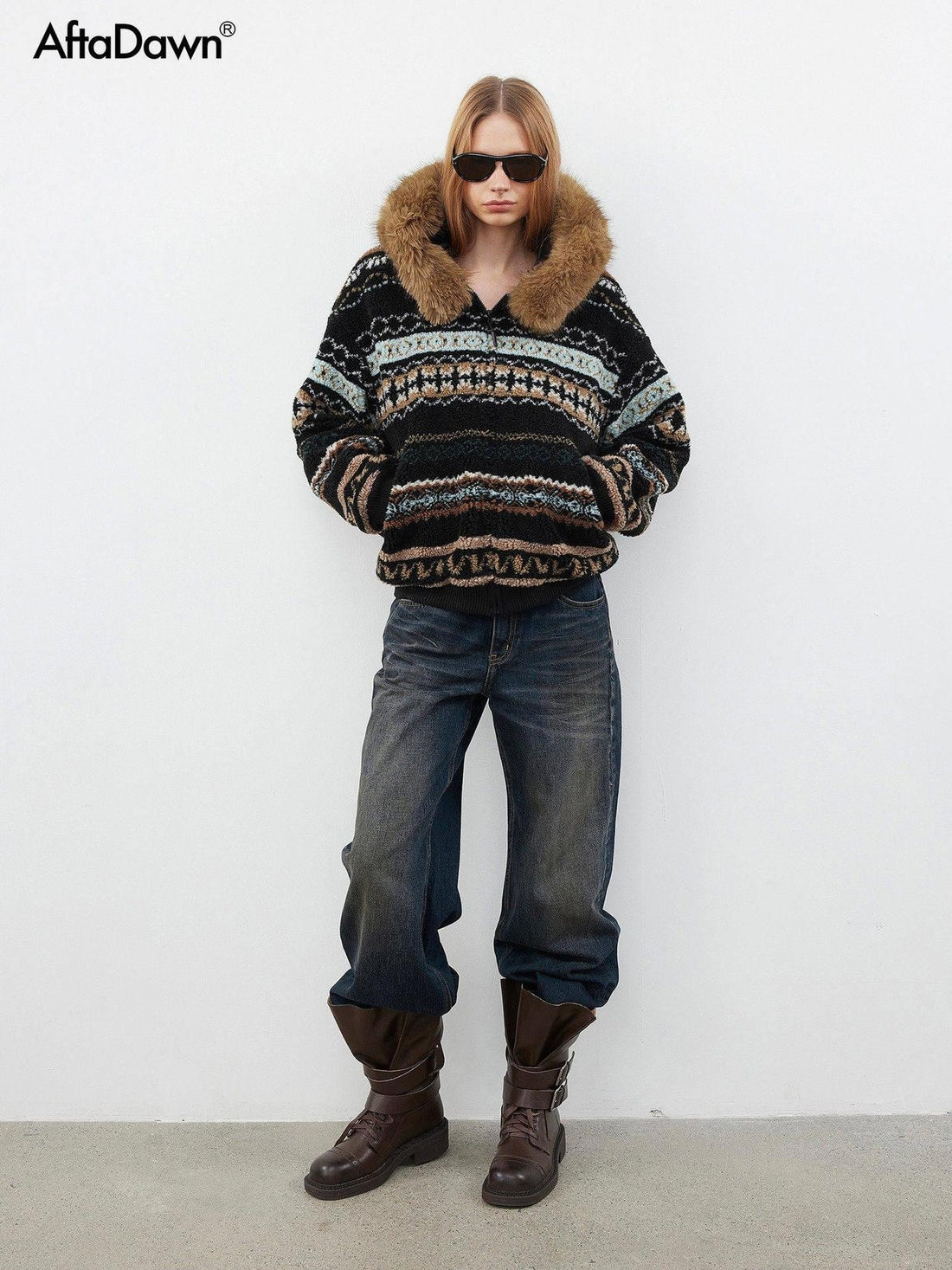 AFTADAWN Fair Isle Jacquard Detachable Collar Women&