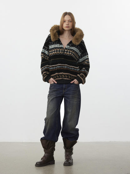 AFTADAWN Fair Isle Jacquard Detachable Collar Women&