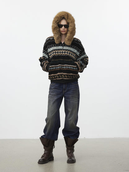 AFTADAWN Fair Isle Jacquard Detachable Collar Women&