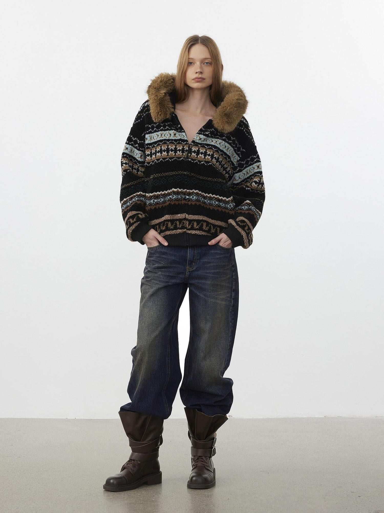 AFTADAWN Fair Isle Jacquard Detachable Collar Women&
