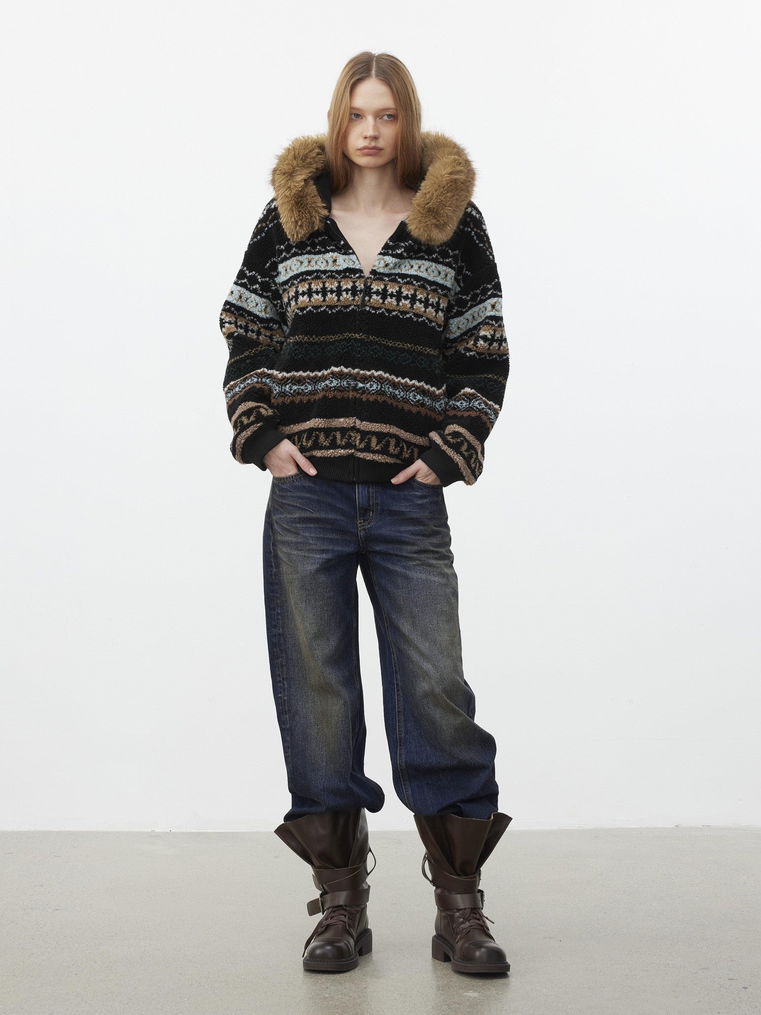AFTADAWN Fair Isle Jacquard Detachable Collar Women&
