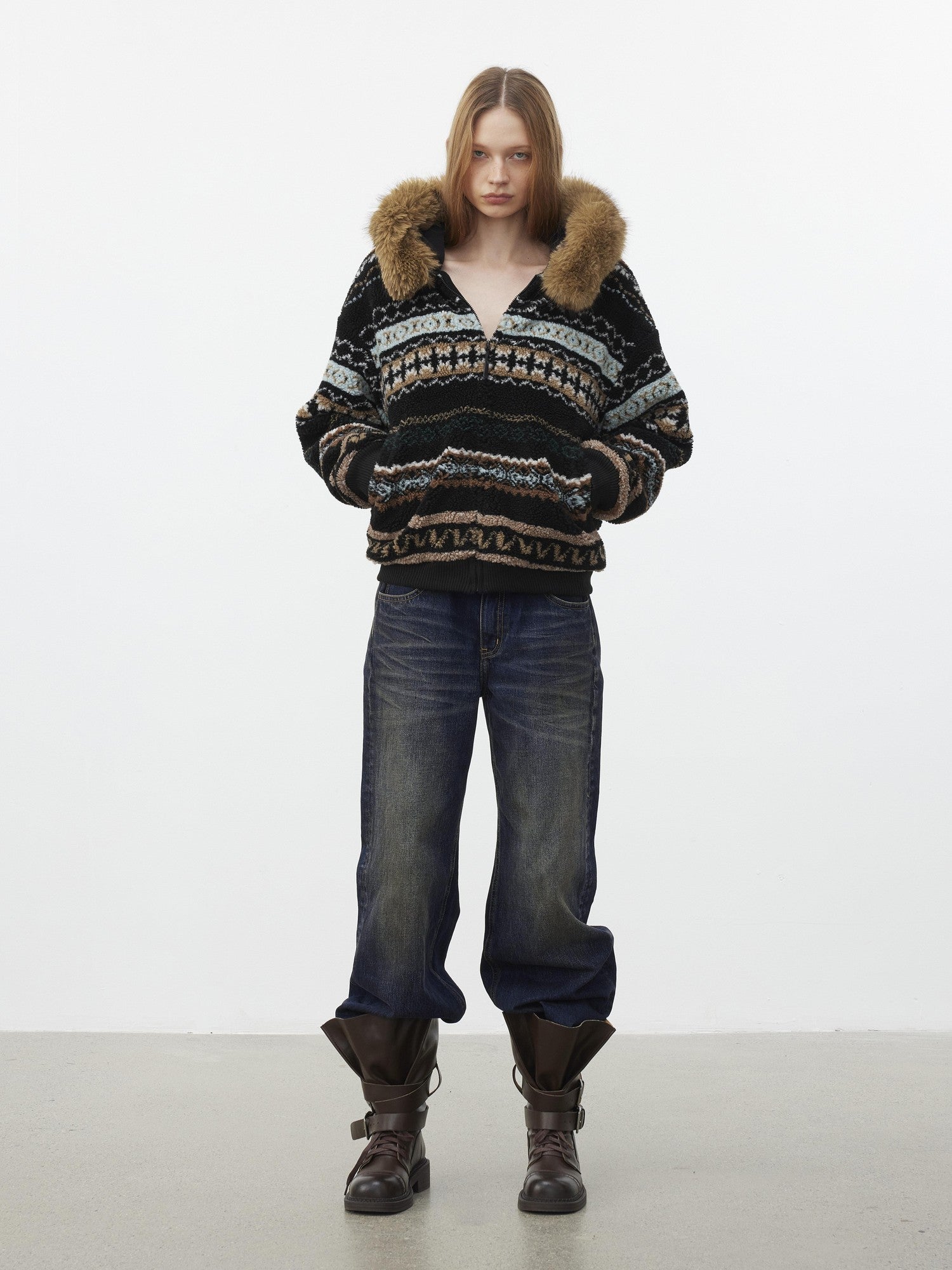 AFTADAWN Fair Isle Jacquard Detachable Collar Women&