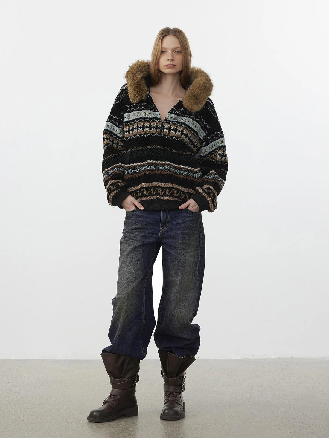 AFTADAWN Fair Isle Lamb Fleece Detachable Hood Coat V-neck T-shirt Long Sleeve Jacket